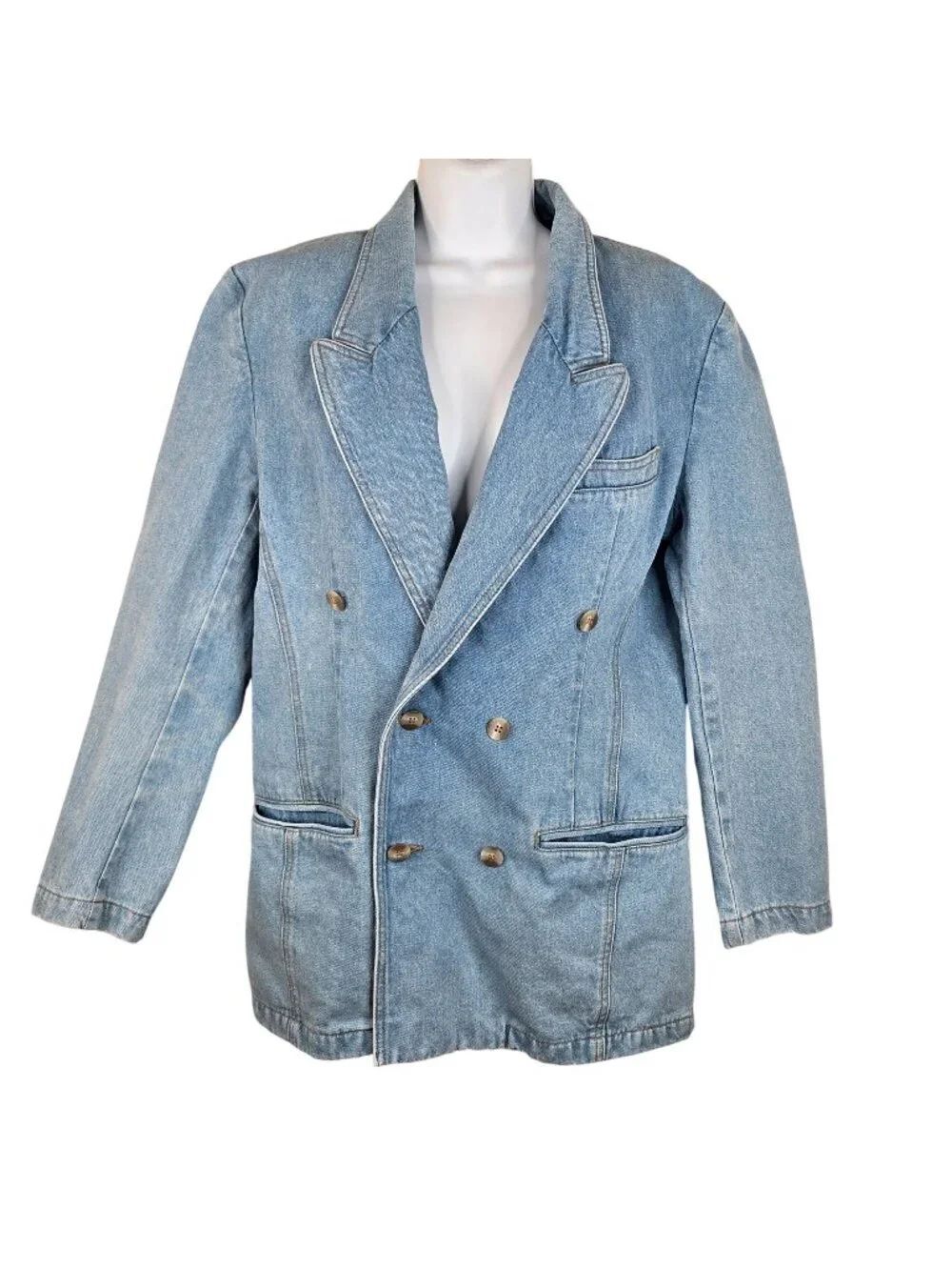 Vintage 80s Denim Double-Breasted Blazer Notch Lapels Womens S Blue Jean